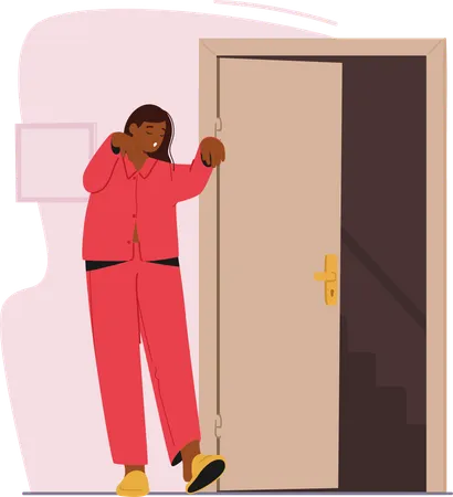 Une jeune femme somnambule en pyjama rouge ouvre la porte au milieu de la nuit  Illustration