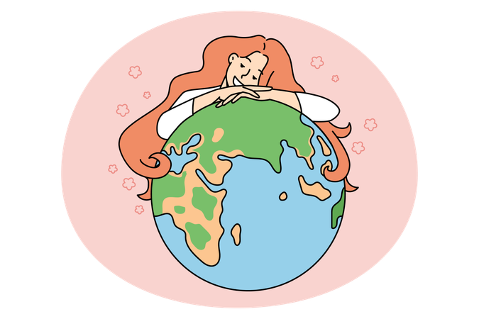 Une jeune femme souriante embrasse la planète Terre et montre son amour et son attention à la nature.  Illustration