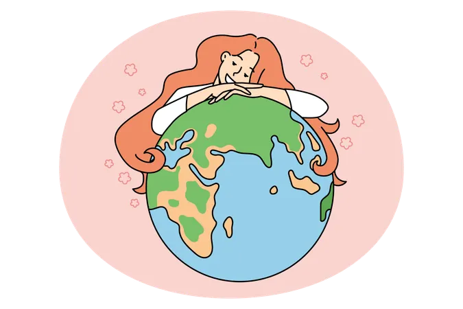 Une jeune femme souriante embrasse la planète Terre et montre son amour et son attention à la nature.  Illustration