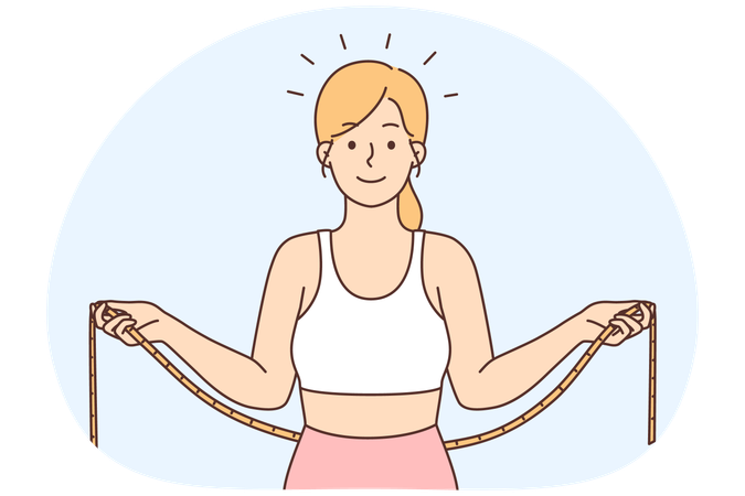 Jeune femme souriante en tenue de sport avec un ruban à mesurer pour mesurer la taille  Illustration