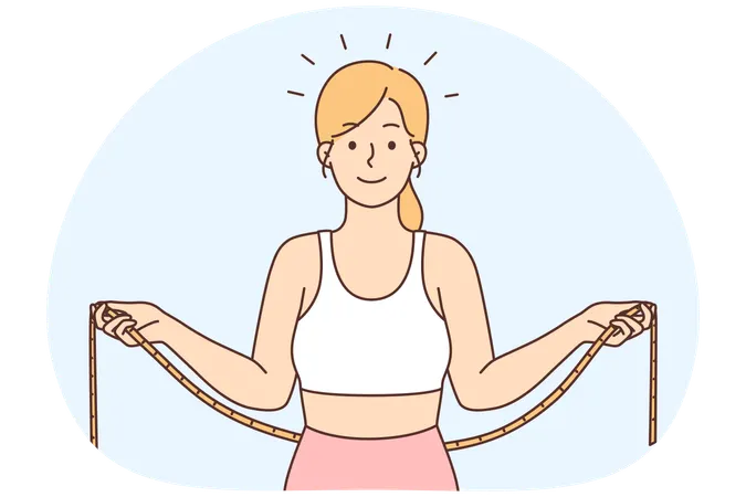 Jeune femme souriante en tenue de sport avec un ruban à mesurer pour mesurer la taille  Illustration