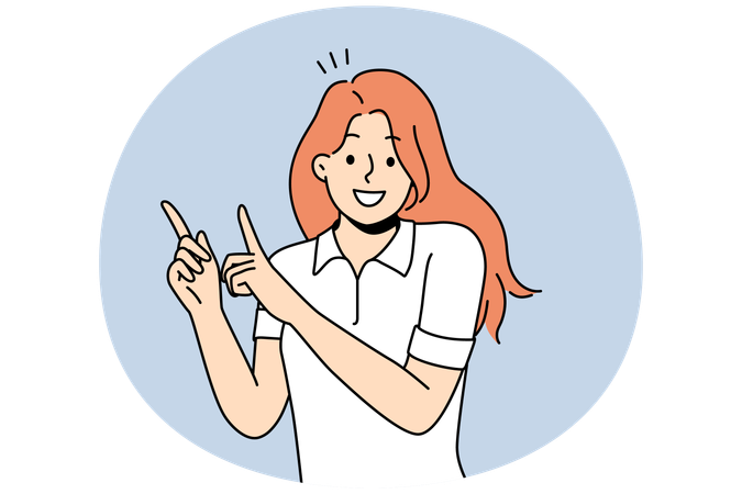 Une jeune femme souriante montre du doigt une bonne affaire  Illustration