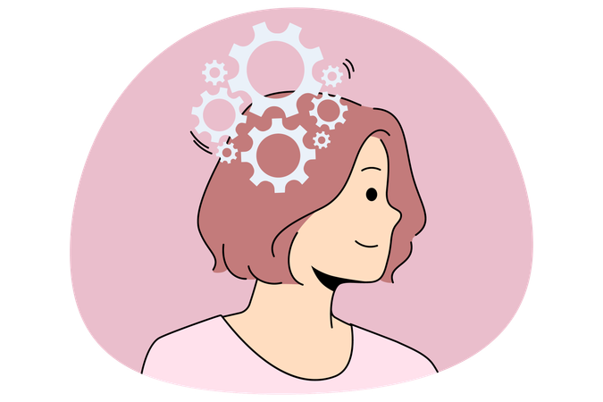 Jeune femme souriante debout avec des engrenages fonctionnant dans la tête et le cerveau ayant une excellente idée innovante visant le succès en affaires  Illustration
