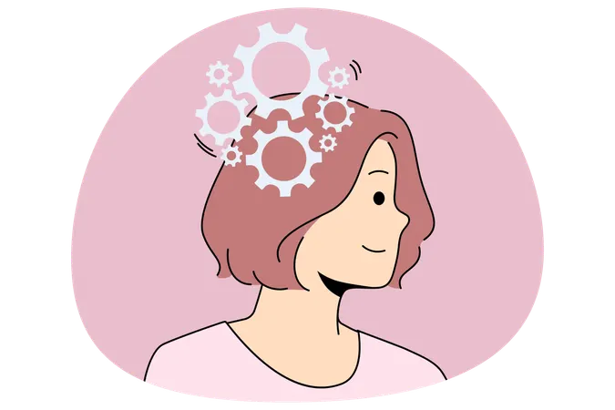 Jeune femme souriante debout avec des engrenages fonctionnant dans la tête et le cerveau ayant une excellente idée innovante visant le succès en affaires  Illustration