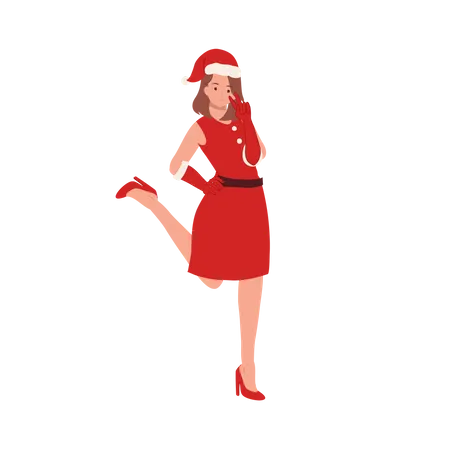 Jeune femme souriante en costume de père Noël, belle fille en tenue de père Noël,  Illustration