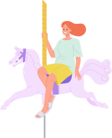 Jeune femme souriante, équitation, cheval, carrousel  Illustration