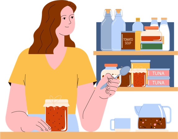 Jeune femme stockant de la confiture maison  Illustration