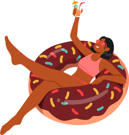 Jeune femme sur un anneau de natation en beignet avec un cocktail à la main  Illustration