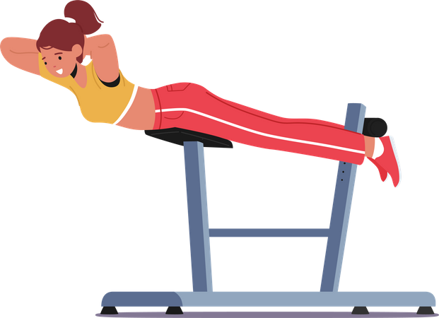 Jeune femme Swinging Press sur banc de déclin dans une salle de sport  Illustration