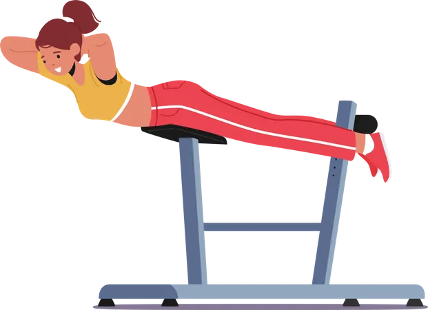 Jeune femme Swinging Press sur banc de déclin dans une salle de sport  Illustration