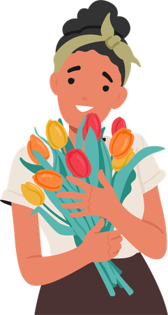 Jeune femme tenant un bouquet de tulipes  Illustration