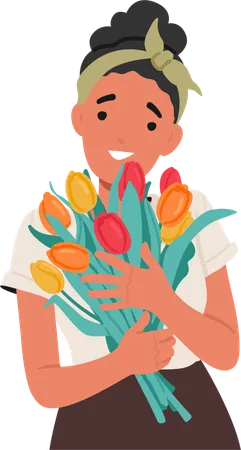 Jeune femme tenant un bouquet de tulipes  Illustration