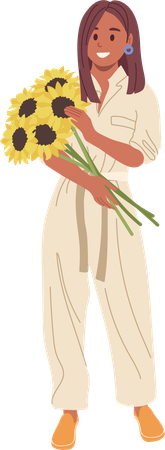 Jeune femme tenant un bouquet de tournesol  Illustration