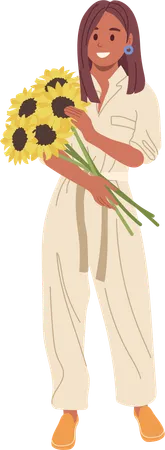 Jeune femme tenant un bouquet de tournesol  Illustration