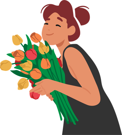 Jeune femme tenant un bouquet de tulipes  Illustration