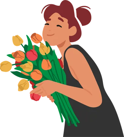 Jeune femme tenant un bouquet de tulipes  Illustration