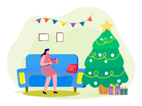 Jeune femme tenant un cadeau de Noël  Illustration