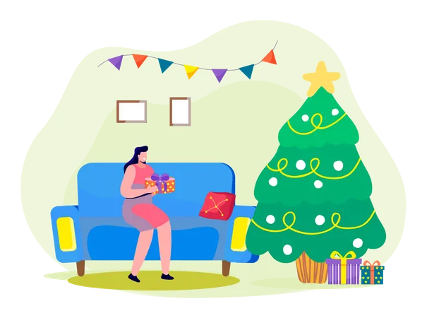 Jeune femme tenant un cadeau de Noël  Illustration