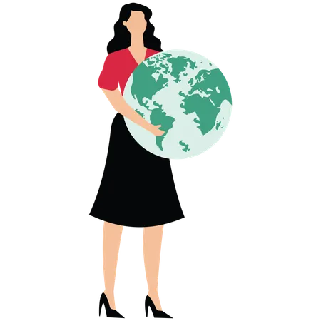 Jeune femme tenant un globe tout en prenant soin de la planète  Illustration