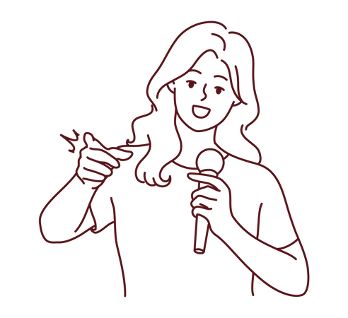 Jeune femme tenant un micro et pointant quelque chose  Illustration