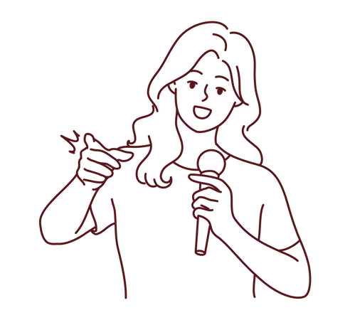 Jeune femme tenant un micro et pointant quelque chose  Illustration