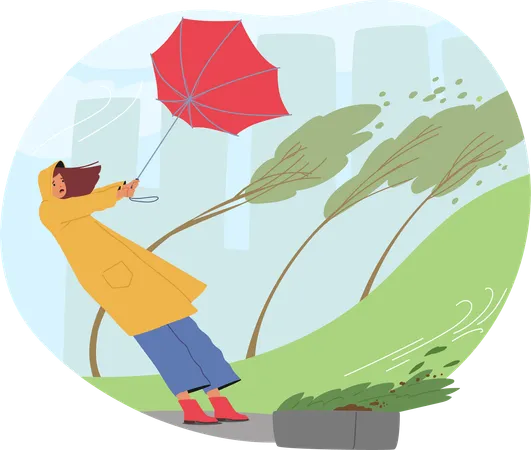 Une jeune femme tenant un parapluie brisé par un vent fort alors qu'elle se promenait dans un parc de la ville  Illustration