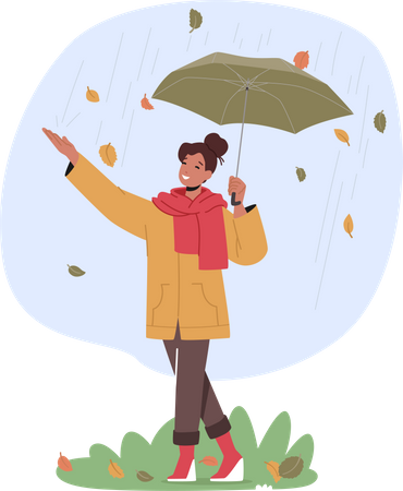 Jeune femme tenant un porte-parapluie sous la pluie et les feuilles qui tombent à l'automne  Illustration