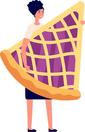 Jeune femme tenant une tranche de pizza  Illustration