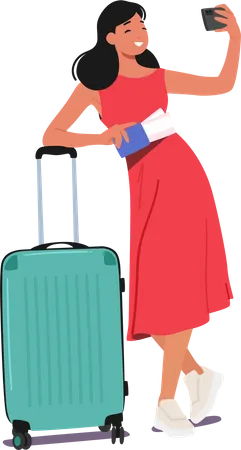 Jeune femme tenant une valise et des billets et prenant Selfie avec téléphone  Illustration