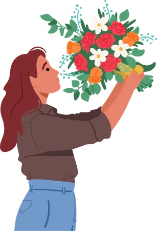 Jeune femme tient un bouquet  Illustration