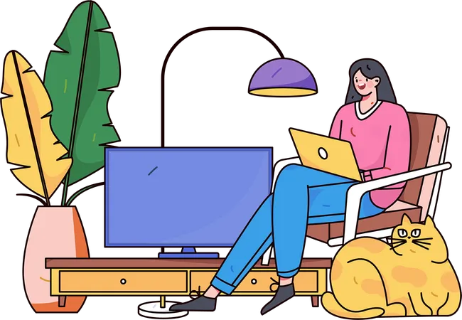 Jeune femme travaillant en freelance à la maison  Illustration