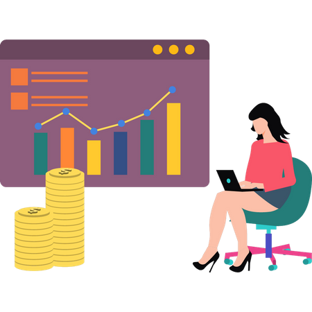 Jeune femme travaillant sur l'analyse du dollar  Illustration