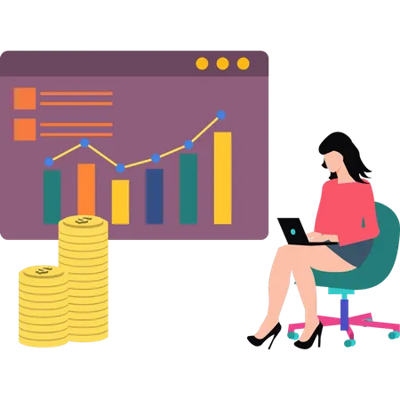 Jeune femme travaillant sur l'analyse du dollar  Illustration