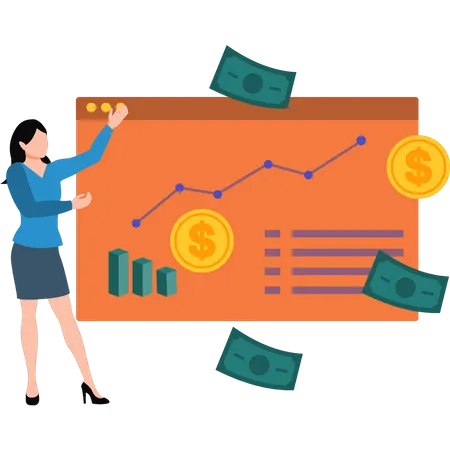 Jeune femme travaillant sur l'analyse du dollar  Illustration