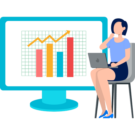 Jeune femme travaillant sur un ordinateur portable tout en effectuant une analyse commerciale  Illustration