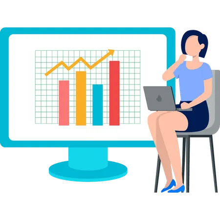 Jeune femme travaillant sur un ordinateur portable tout en effectuant une analyse commerciale  Illustration