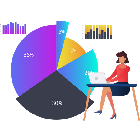 Jeune femme travaillant sur un diagramme circulaire d'affaires  Illustration