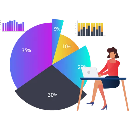 Jeune femme travaillant sur un diagramme circulaire d'affaires  Illustration