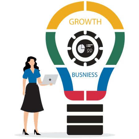 Une jeune femme travaille sur une idée de croissance  Illustration