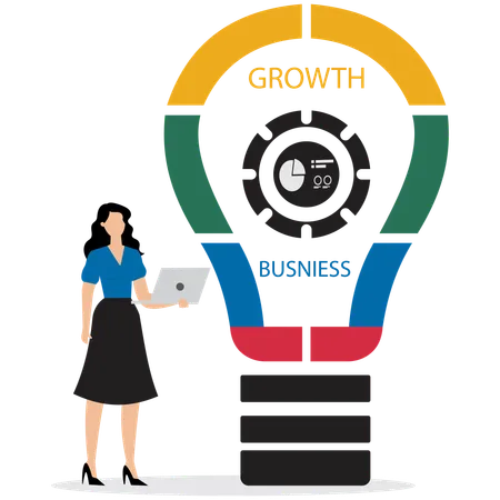 Une jeune femme travaille sur une idée de croissance  Illustration