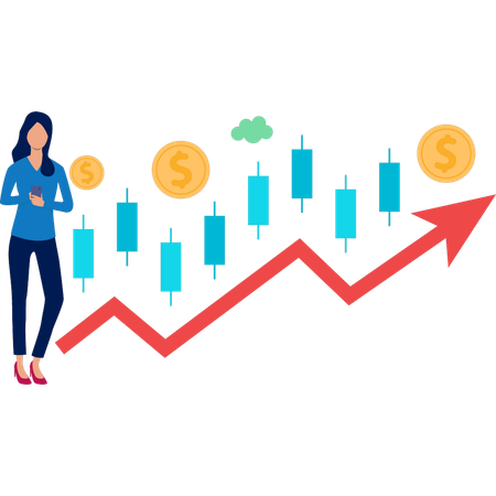 Jeune femme utilisant un mobile faisant une analyse financière  Illustration