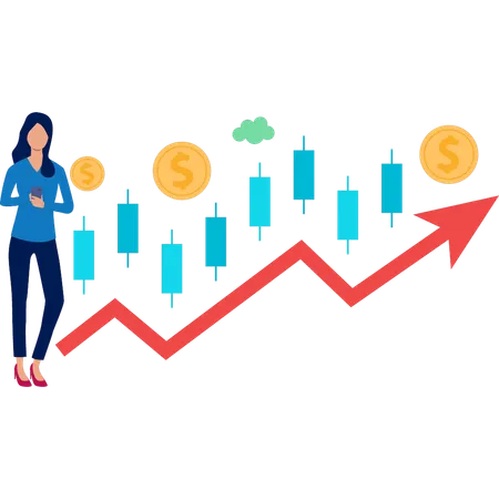 Jeune femme utilisant un mobile faisant une analyse financière  Illustration