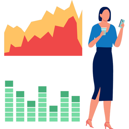 Jeune femme utilisant un mobile faisant une analyse financière  Illustration