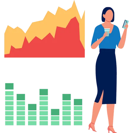 Jeune femme utilisant un mobile faisant une analyse financière  Illustration