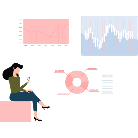 Jeune femme utilisant un téléphone portable faisant des analyses en ligne  Illustration