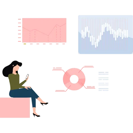 Jeune femme utilisant un téléphone portable faisant des analyses en ligne  Illustration