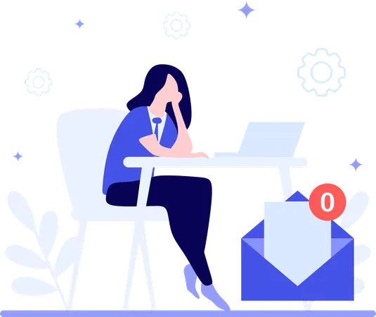 Une jeune femme vérifie son courrier alors qu'il n'y a pas de courrier sur son ordinateur portable  Illustration