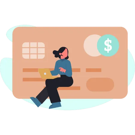 Une jeune femme vérifie sa carte de débit  Illustration