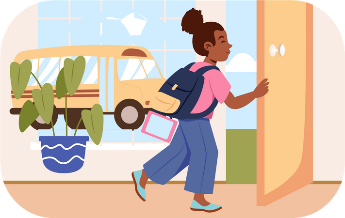 Jeune fille allant à l'école en autobus scolaire  Illustration