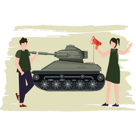 Jeune fille annonçant un char militaire à travers un mégaphone  Illustration